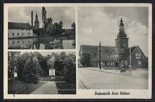 AK Bodenteich /Kreis Uelzen, Kirche, Weiher, Kriegerdenkmal