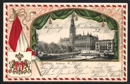 Passepartout-Lithographie Hamburg, Rathaus, Fahne und Wappen