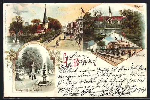 Lithographie Hamburg-Bergedorf, Denkmal Kaiser Wilhelm I., Bahnhof, Schloss, Strassenpartie