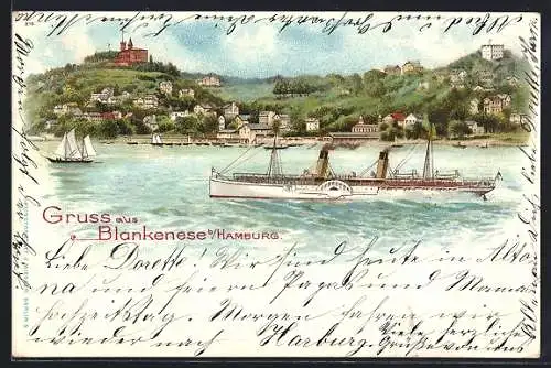 Lithographie Hamburg-Blankenese, Gasthaus Süllberg, Uferpartie, Dampfer