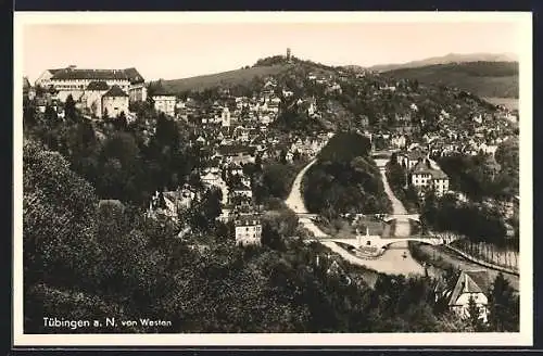 AK Tübingen, Blick von Westen mit Neckarbrücke und Schloss Hohentübingen