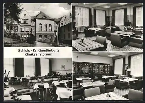 AK Schielo /Kr. Quedlinburg, Kliniksanatorium, Innenansichten Speisesaal und Klubraum