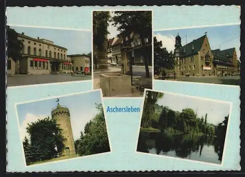 AK Aschersleben, Turm, Brunnen, Uferpartie