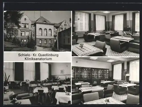 AK Schielo /Kr. Quedlinburg, Kliniksanatorium, Innenansichten Speisesaal und Klubraum