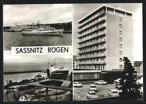 AK Sassnitz, Hafen m. Schiff, Fährbahnhof, Rügen-Hotel