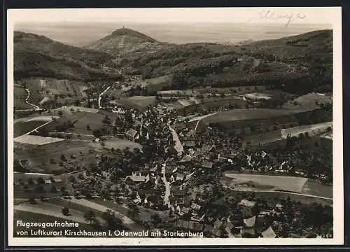 AK Kirschhausen i. Odenwald, Fliegeraufnahme vom Ort mit Starkenburg