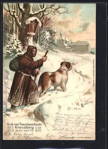 Künstler-AK Kreuzberg / Rhön, Franziskaner Mönch mit Hund vor dem Franziskanerkloster