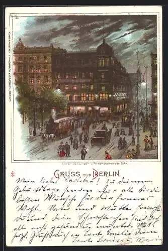 Lithographie Berlin, Hotel und Café Bauer, Unter den Linden mit Pferdebahn und Leuten