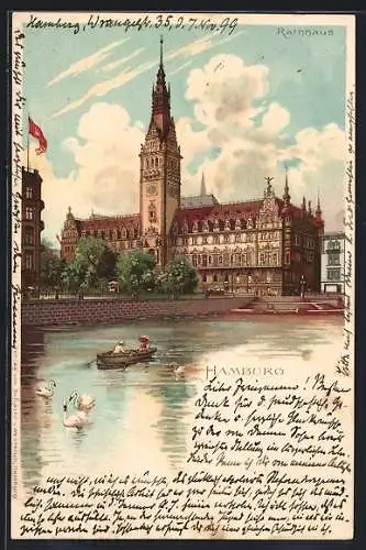 AK Hamburg, Flusspartie mit Blick zum Rathaus