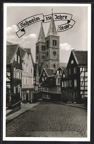 AK Schwelm, Festpostkarte zur 350 Jahrfeier der Stadt, Strassenpartie mit Kirchblick