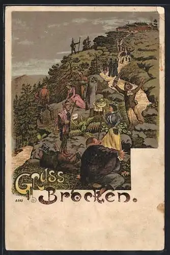 Lithographie Brocken, Erschöpfte Wanderer auf dem Weg zum Gipfel des Brocken