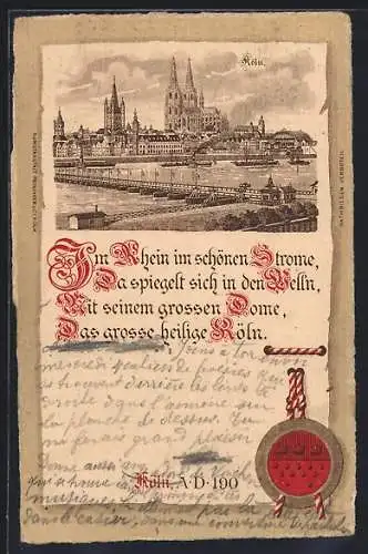 Lithographie Köln, Panorama mit Pontonbrücke und Dom