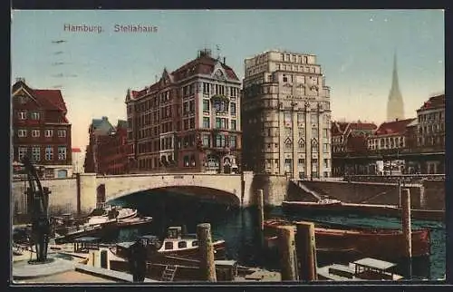 AK Hamburg, Stellahaus mit Brücke, Ortspartie