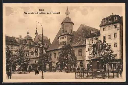 AK Jena, Marktplatz mit Rathaus und Hanfried