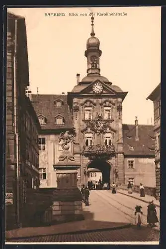 AK Bamberg, Karolinenstrasse mit Gleisanlagen und Menschen