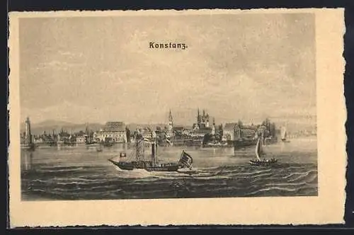 Künstler-AK Konstanz, Ortsansicht im Jahr 1840, Dampfer und Segelboot