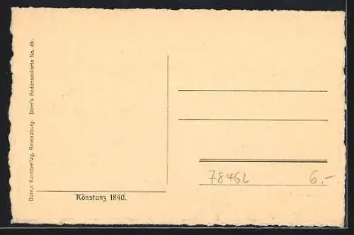 Künstler-AK Konstanz, Ortsansicht im Jahr 1840, Dampfer und Segelboot