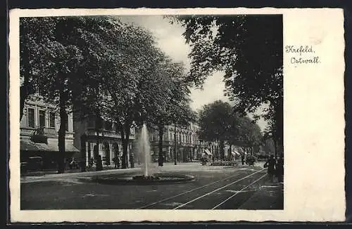 AK Krefeld, Ostwall mit Fontaine