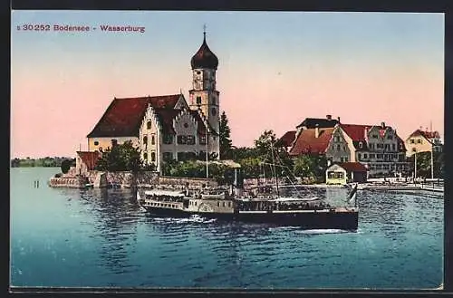 AK Wasserburg /Bodensee, Uferpartie mit Kirche und Dampfer