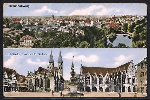 AK Braunschweig, Ortspanorama, Martinikirche, Altstadtmarkt, Rathaus