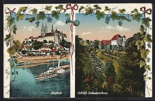 AK Meissen, Teilansicht mit Dampfer, Schloss Siebeneichen