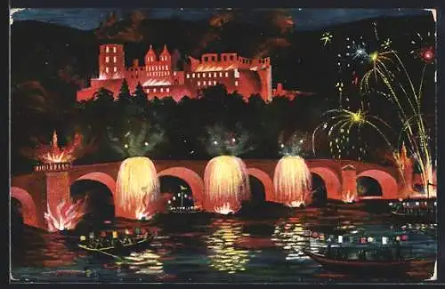 Künstler-AK Heidelberg, Brücke und Schloss mit Beleuchtung bei Nacht