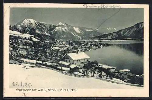 AK Tegernsee, Ortsansicht im Winter, mit Wall-, Setz- und Blauberg