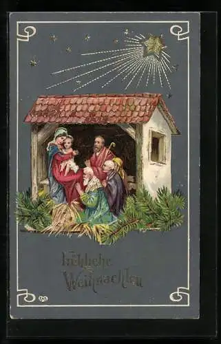 AK Die heiligen drei Könige bei Maria & Jesus im Stall, Weihnachten
