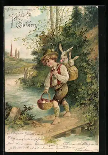 AK Junge in Tracht mit Osterhasen