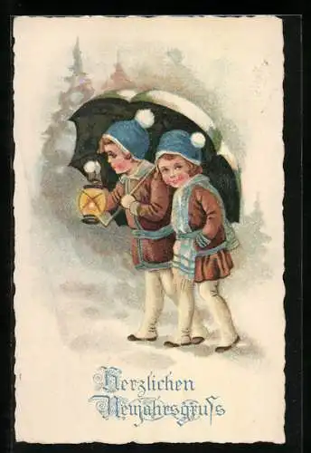 AK Kinder zu Neujahr unter verschneitem Regenschirm