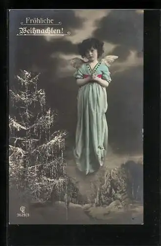 AK Weihnachtsengel betet schwebend über einen Tannenbaum