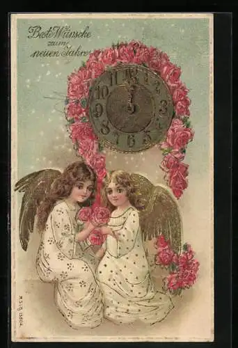 AK Kleine Neujahrsengel basteln eine Blumengirlande um eine Uhr mit Goldverzierungen
