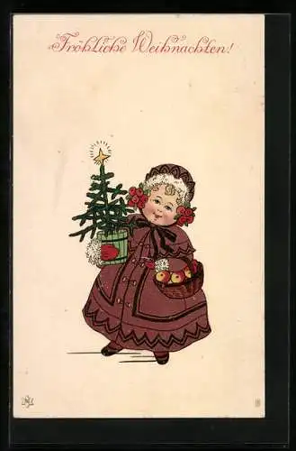 AK Kleines Mädchen mit Tannenbaum und Stern, Weihnachten