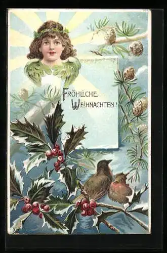 Präge-AK Weihnachtsengel über einem Vogelpärchen und Stachelpalmen