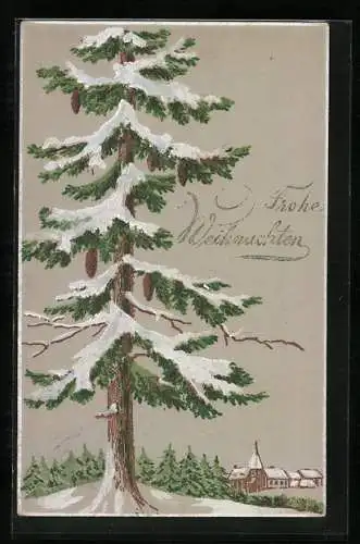 AK Frohe Weihnachten, verschneiter Tannenbaum vor einem Ort