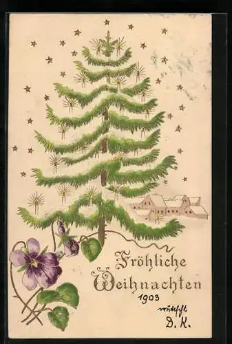 Präge-AK Weihnachtsbaum mit Kerzen, Blume, Sterne