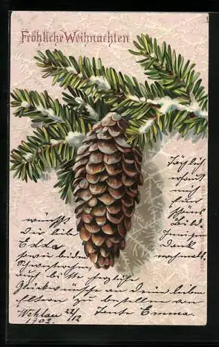 AK Tannenzapfen hängt an einem verschneiten Zweig