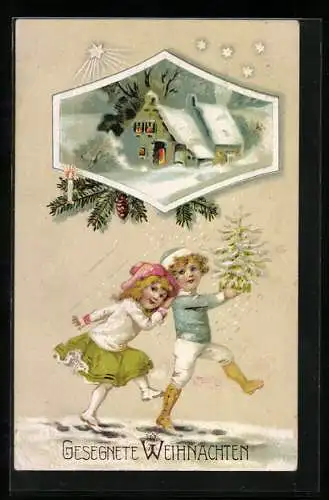 AK Kleine Kinder spazieren an Weihnachten durch den Schnee