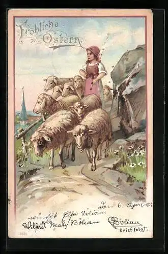 Lithographie Ostern, Frau treibt Schafe voran