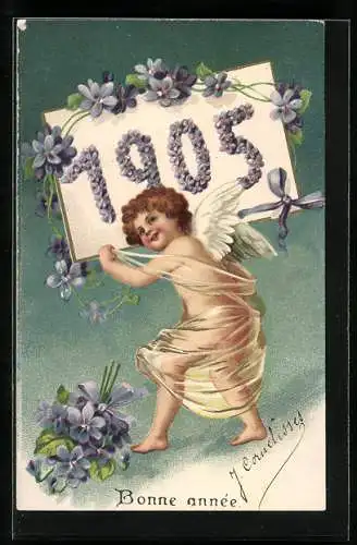 Lithographie Neujahrsengel trägt die Jahreszahl 1905, Veilchen