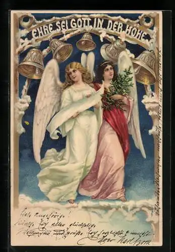 AK Zwei Neujahrsengel unter dem Spruch Ehre sei Gott in der Höhe