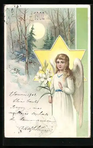 AK Weihnachtsengel mit weissen Blumen vor einem grossen Stern