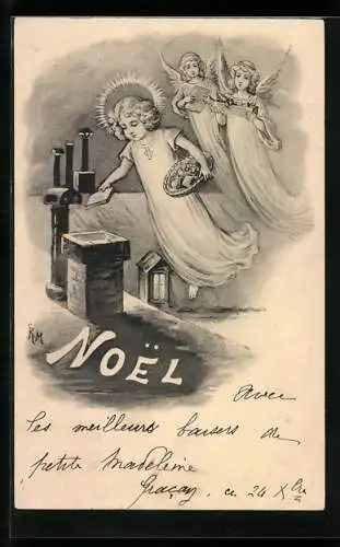 AK Weihnachtsengel werfen Geschenke durch den Schornstein