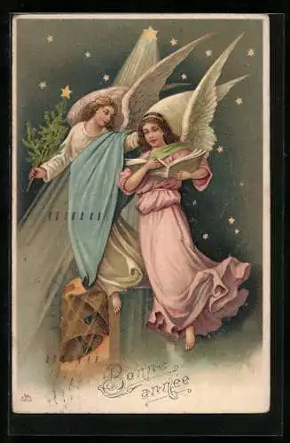 AK Neujahrsengel schweben mit Tannenbaum und Gesangsbuch im Sternenhimel