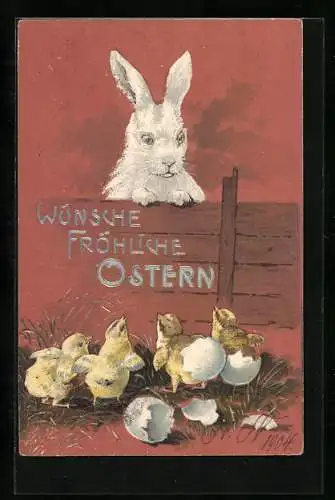 Präge-AK Osterhase schaut auf die kleinen Osterküken hinab