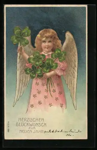 Präge-AK Neujahrsengel mit Kleeblättern im Arm