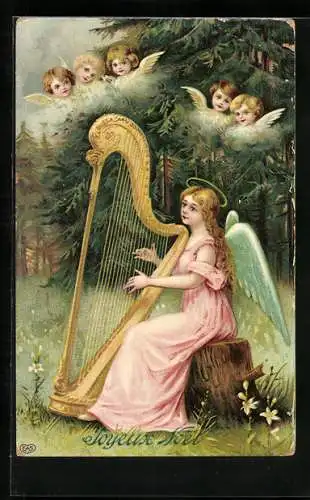 AK Weihnachtsengel spielt die Harfe