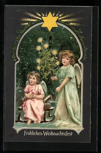 Präge-AK Kleine Weihnachtsengel mit Tannenbaum und Schlitten