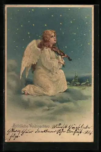 AK Weihnachtsengel sitzt auf der Wolke und musiziert auf der Geige