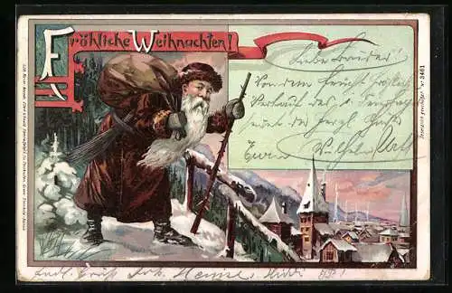 AK Weihnachtsmann mit Geschenken auf dem Weg in die Stadt